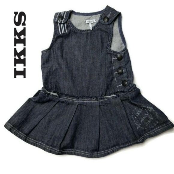 IKKS Baby Girls Sleeveless pleated skirt Denim jean Dress Size 6M button detail - Picture 1 of 5